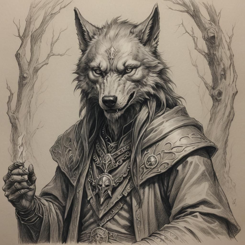 Fantasy Wolfen Necromancer: Detailed Pencil Sketch