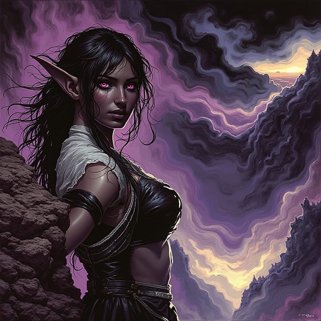 Ethereal Dark Elf Maiden on a Purple Cliff