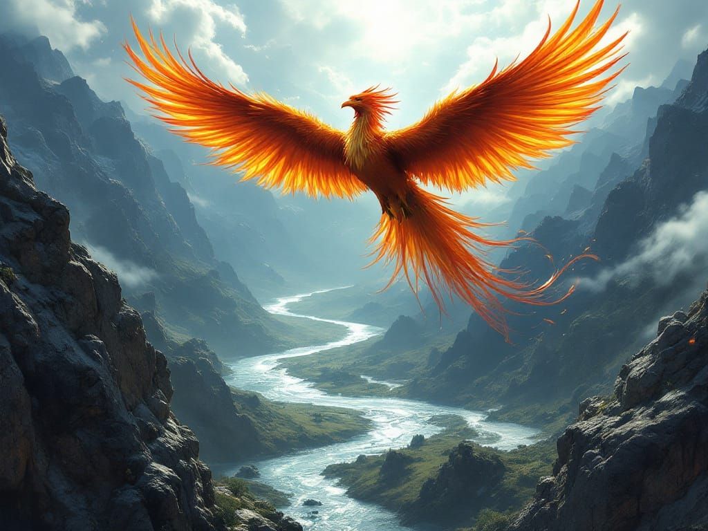 Majestic Phoenix Soaring Over Mountain Landscape