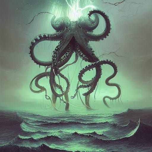 Three-Headed Cthulhu in Lightning Storm: Digital Art