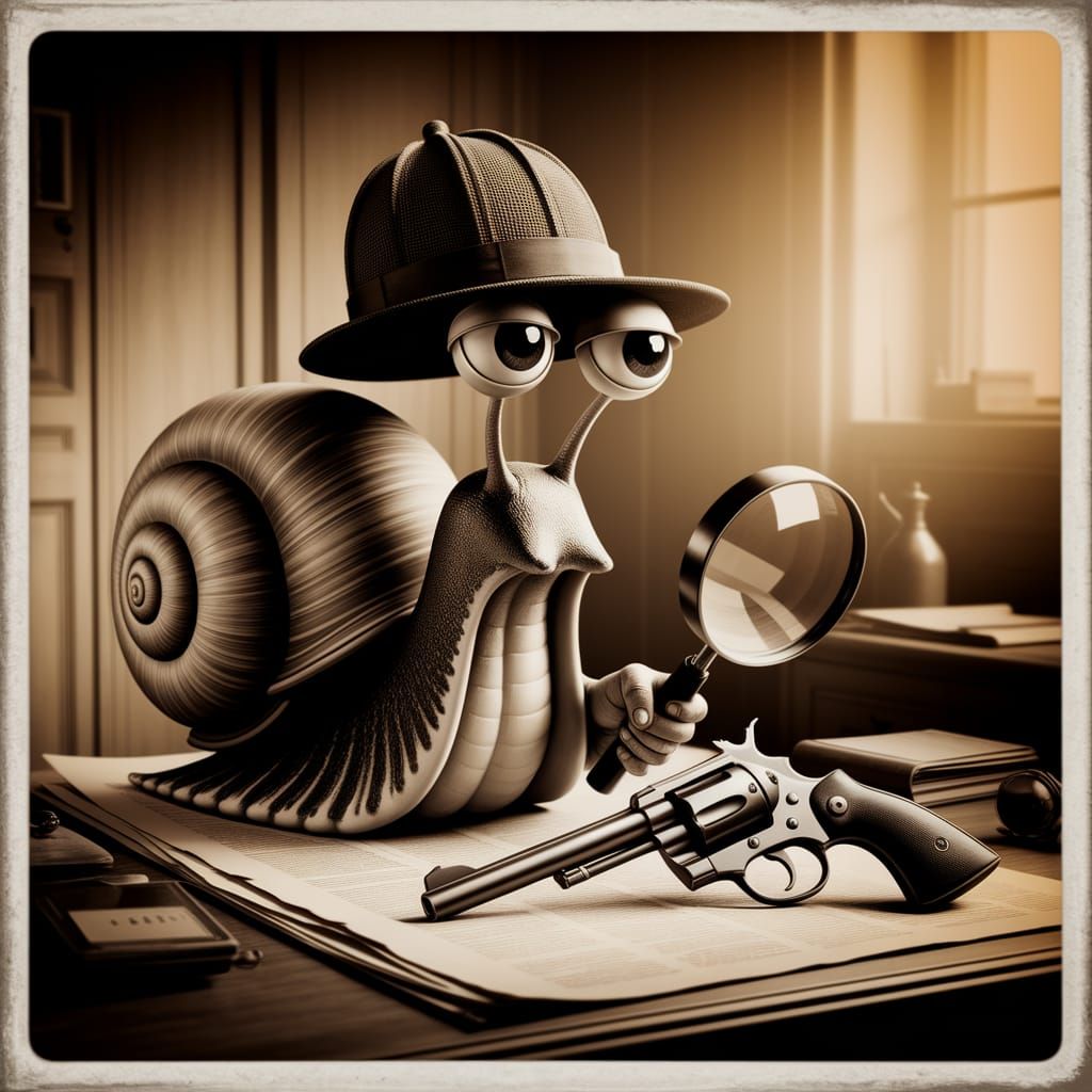 Snail Detective Inspects Revolver in Sepia Photograph