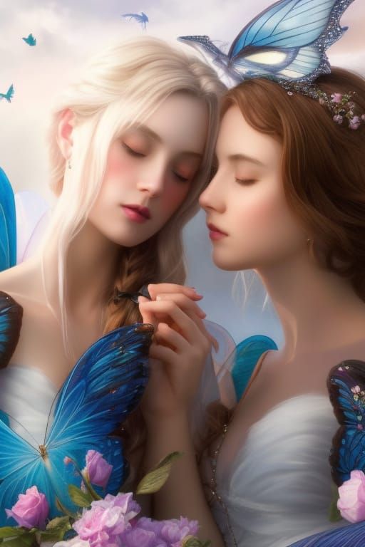Lesbian Fairies Kissing: Hyperrealistic Digital Art