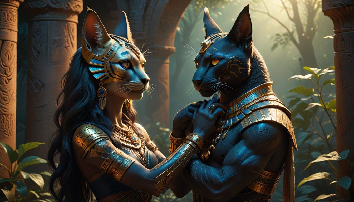 Feline Lovers in Mayan Paradise, Digital Art Masterpiece