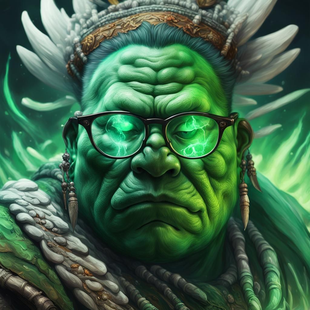 Detailed Green Monster Shaman with Magical Staff