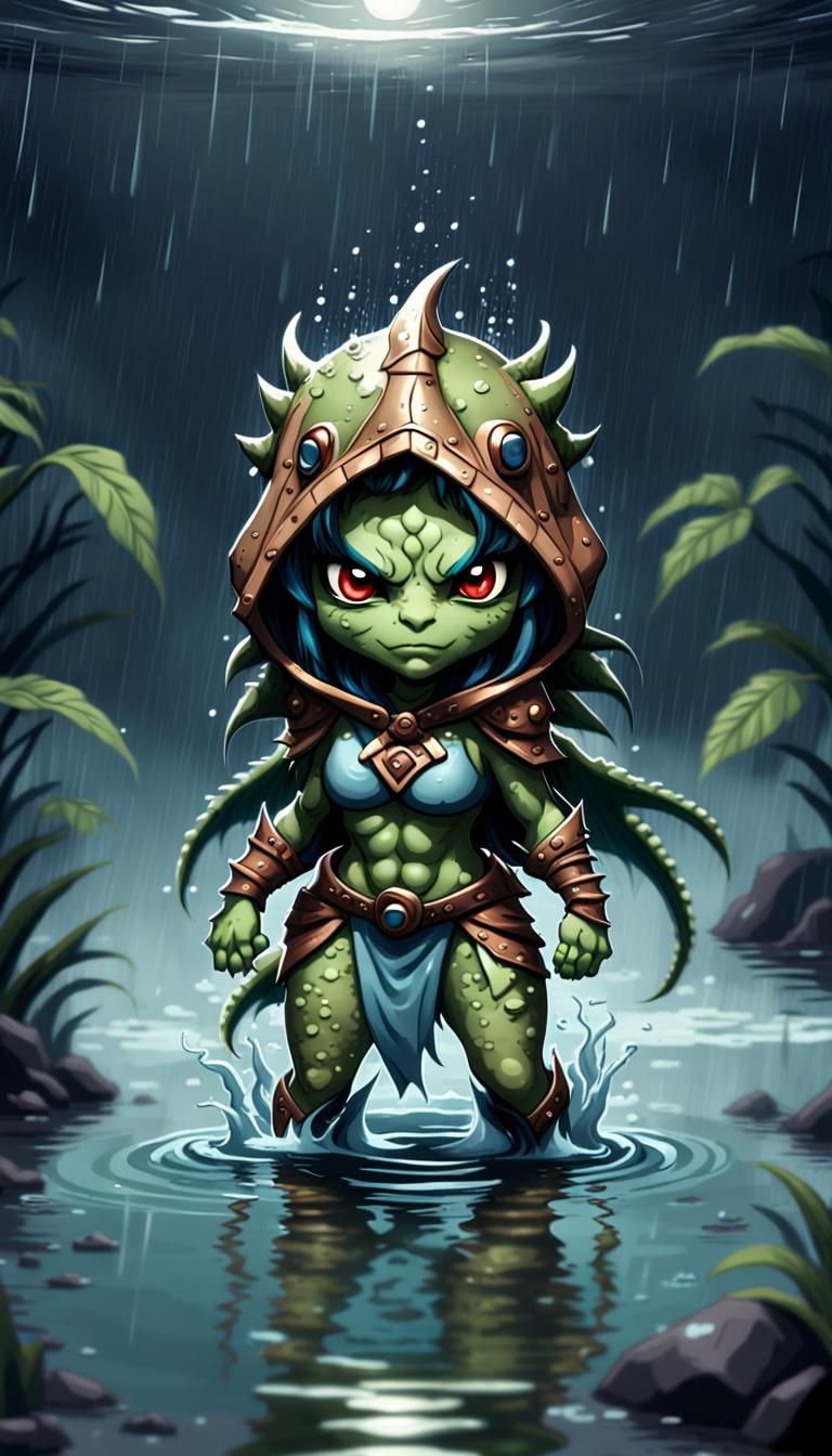 Chibi Lizard Cultist in Rainstorm
