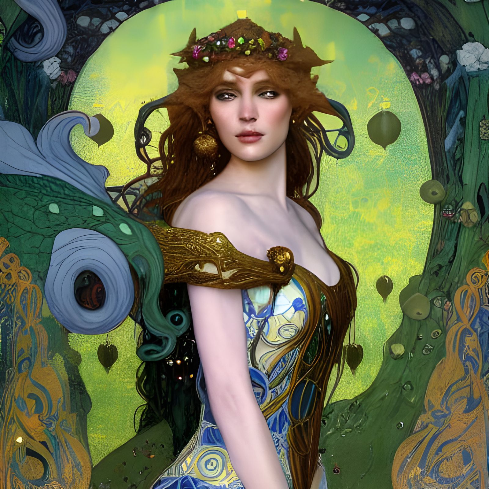 Portrait of Titania the Elf Queen, art nouveau rococo architecture hyperdetailed by Greg Rutkowski Gustav Kli...