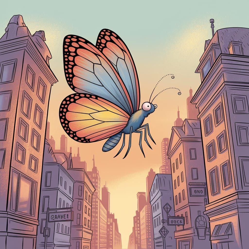 Confused Butterfly in Cityscape: Children's Illustration