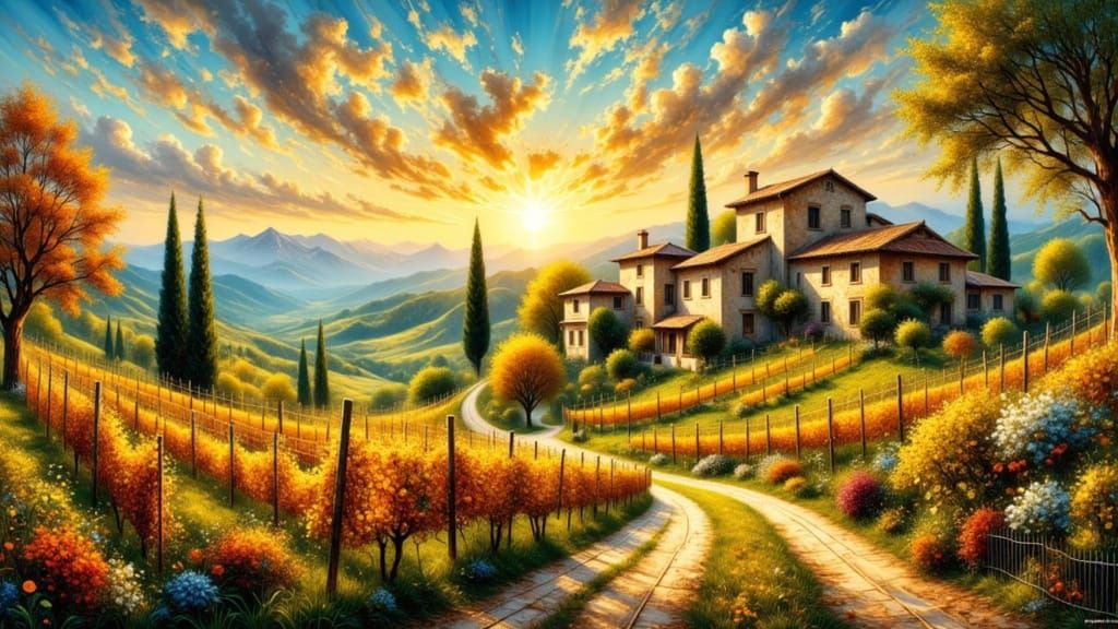 Italian Villas and Vineyards in Impasto Style