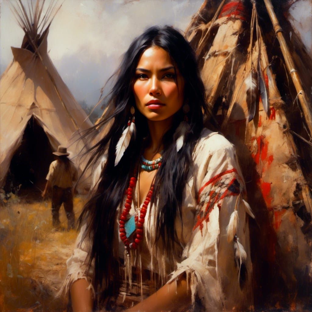 Beautiful Native American Woman by Wigwam