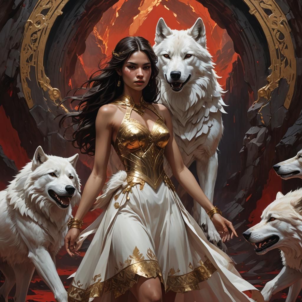 Woman with Wolf in Art Nouveau Style