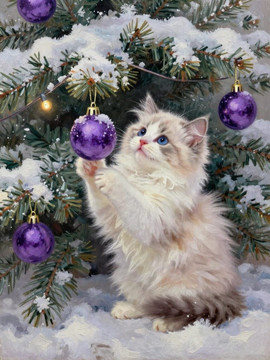 Cute Fluffy Kitten Plays with Purple Ornaments on Snowy Chri...