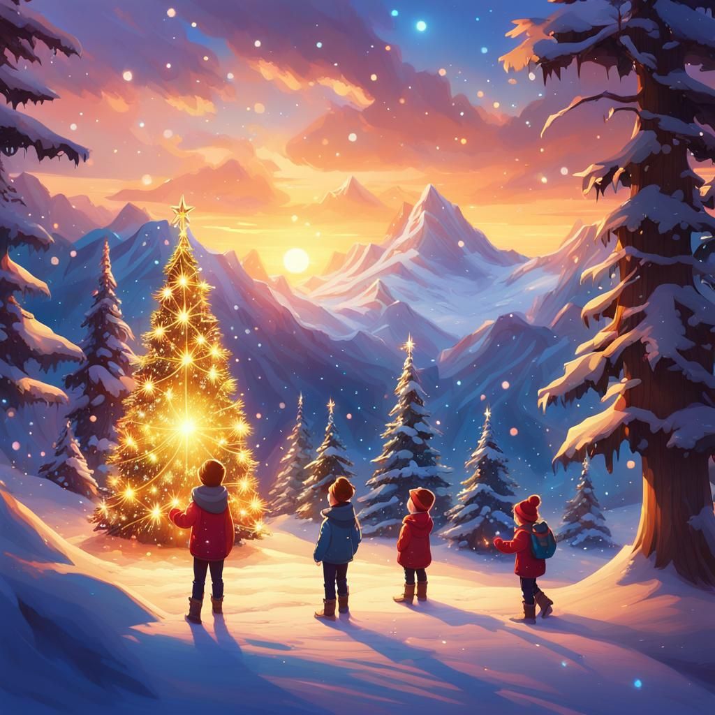 Whimsical Winter Wonderland Scene with Children and Christma...