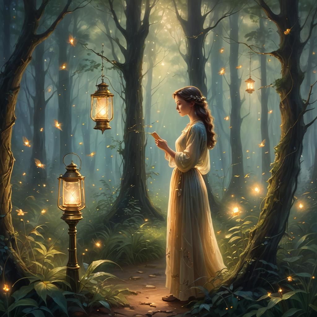 Ethereal Woman in Misty Forest with Lantern