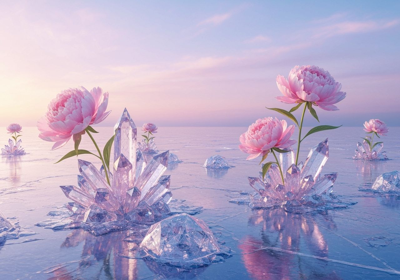 Crystal Peony Garden on Frozen Lake at Sunrise