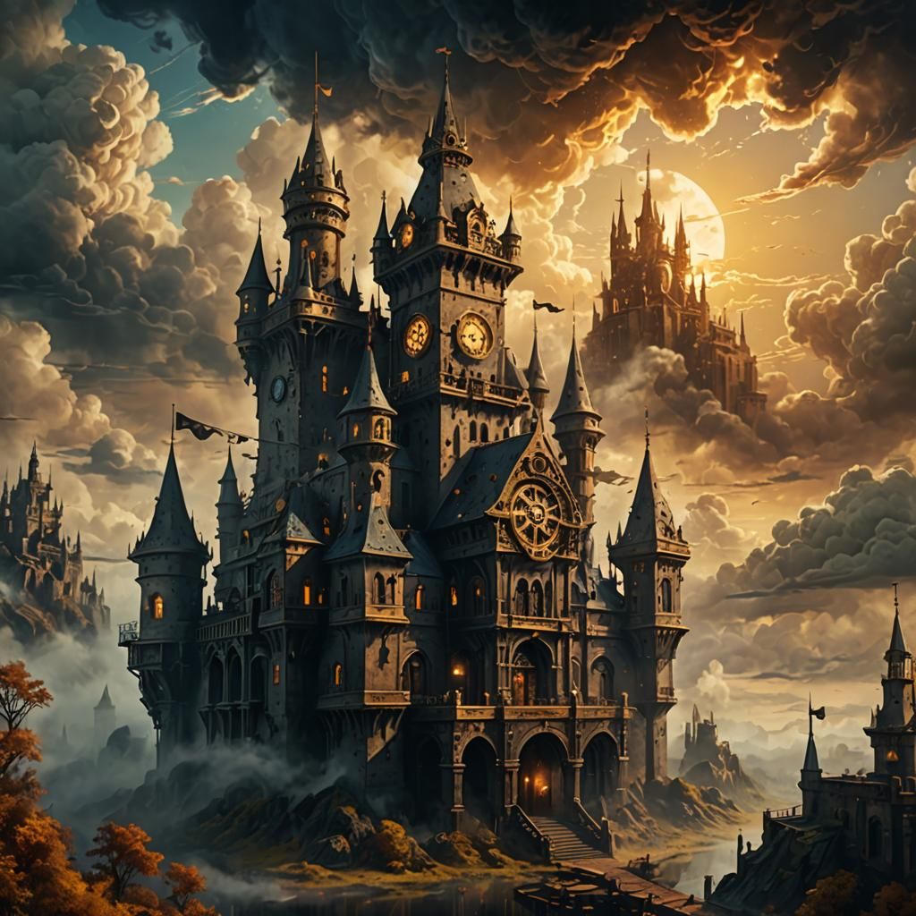 Steampunk Tartarian Castle Floating in Misty Clouds