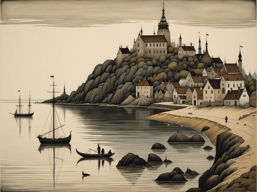 Medieval Port Townscape at Dawn in Brown and Beige Etching