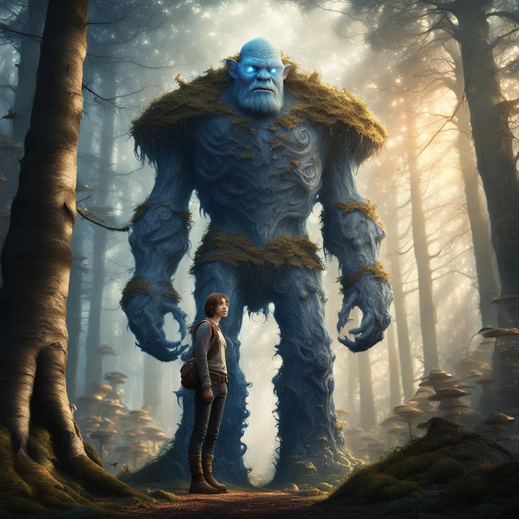 Denim Golem in Mystical Forest: Fantasy Concept Art