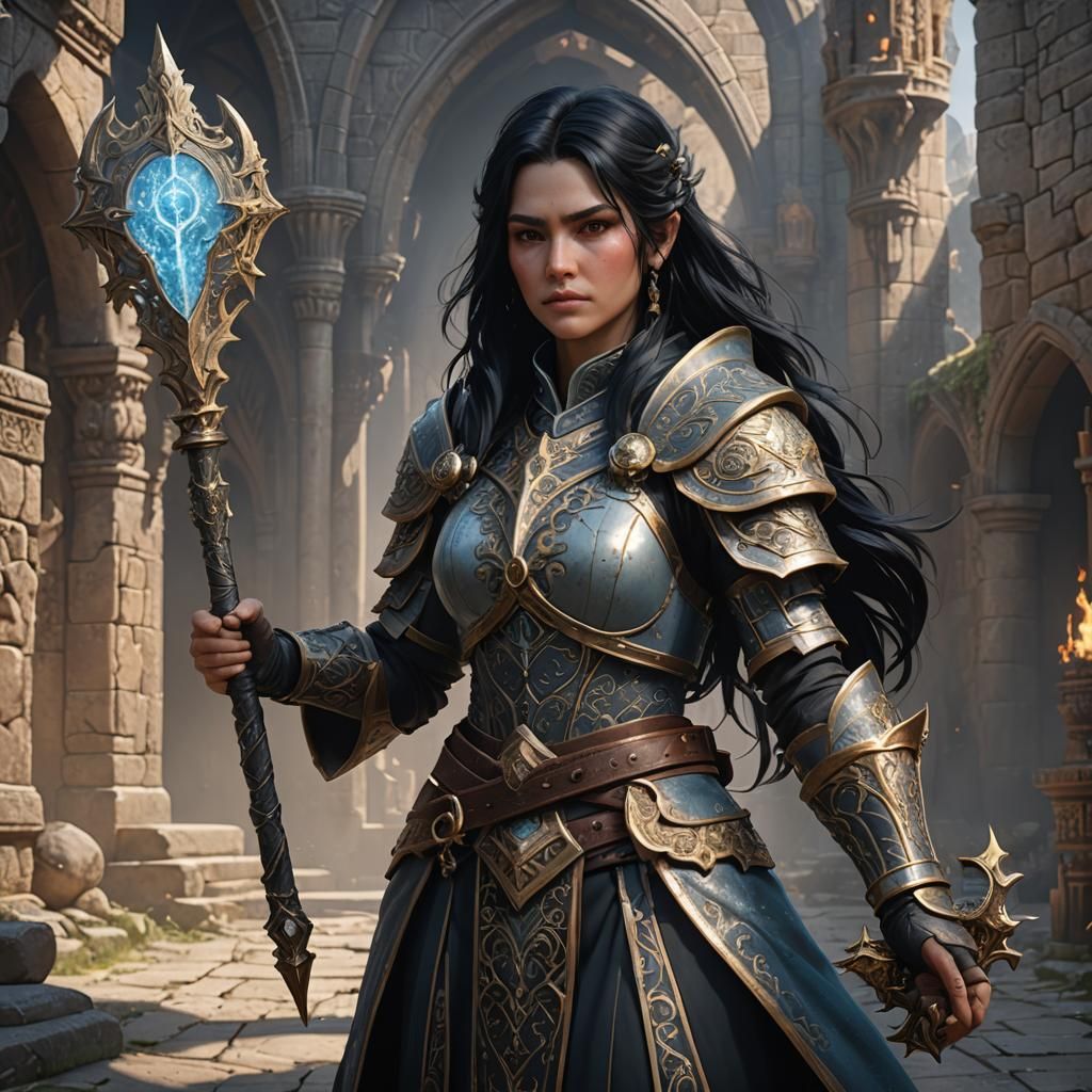 Female Light Cleric with Mace: Detailed Matte Painting