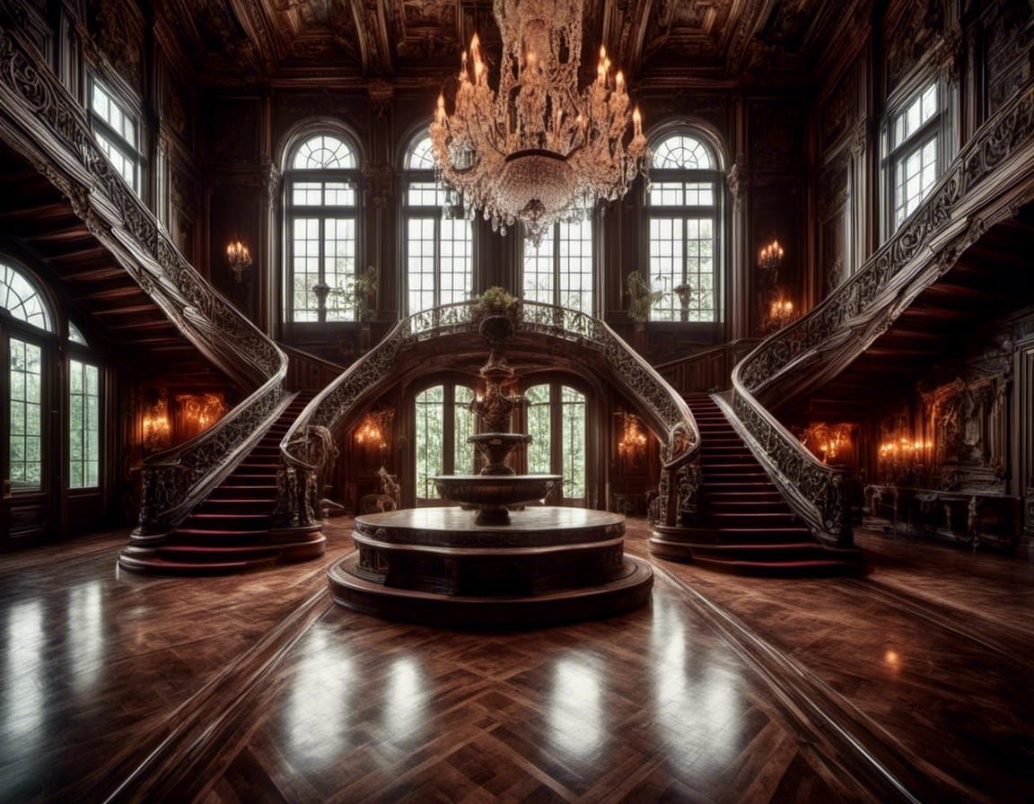 Grand Wooden Staircase with Chandelier and Marble Flooring