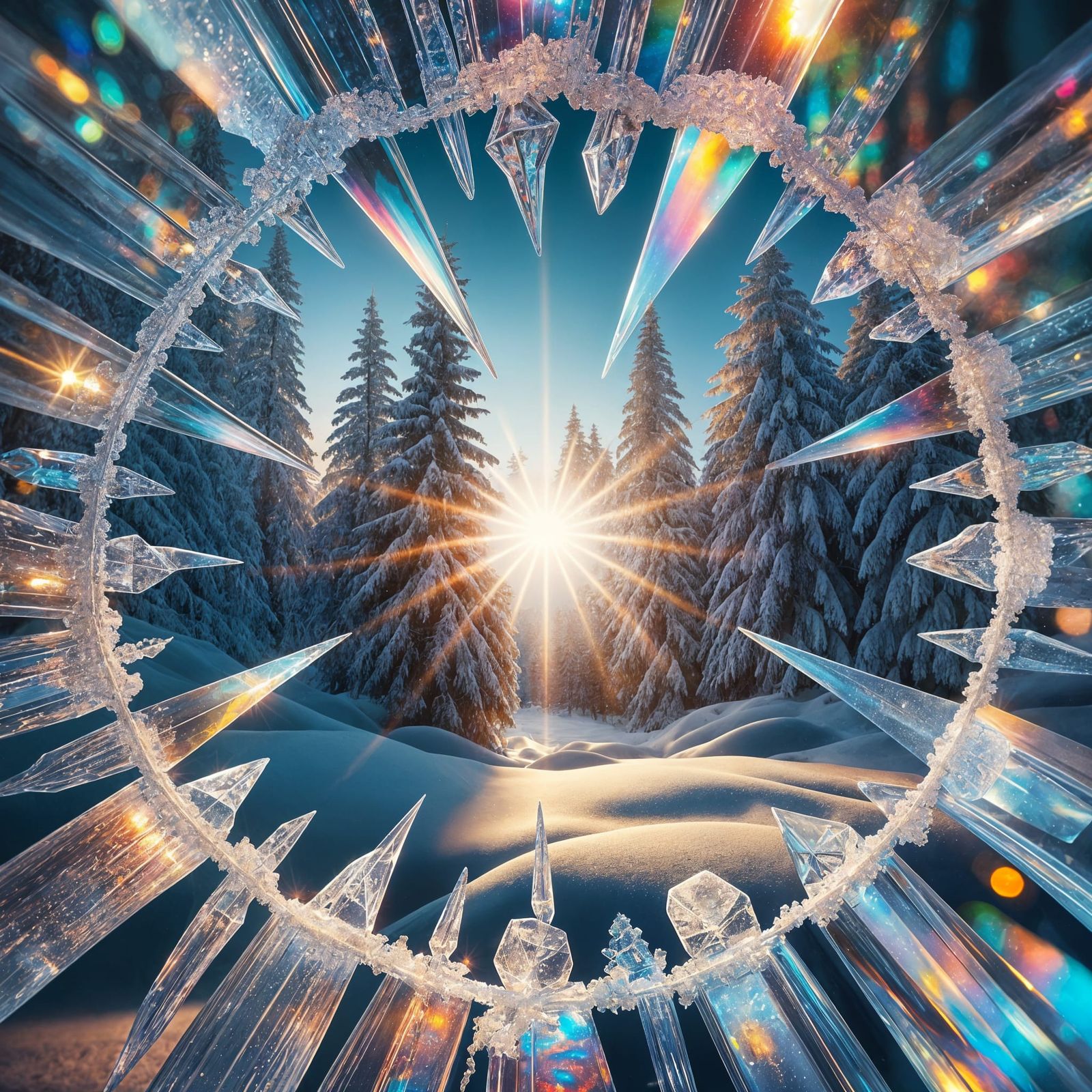 Looking at a winter wonderland through a kaleidoscope of icicles that shine light through a multicolored prism
