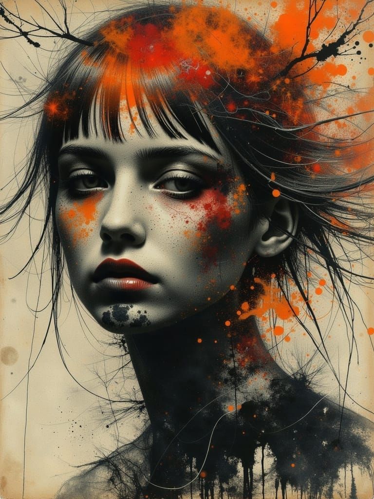 Ethereal Gothic Woman with Orange Hair, Abstract Surrealism