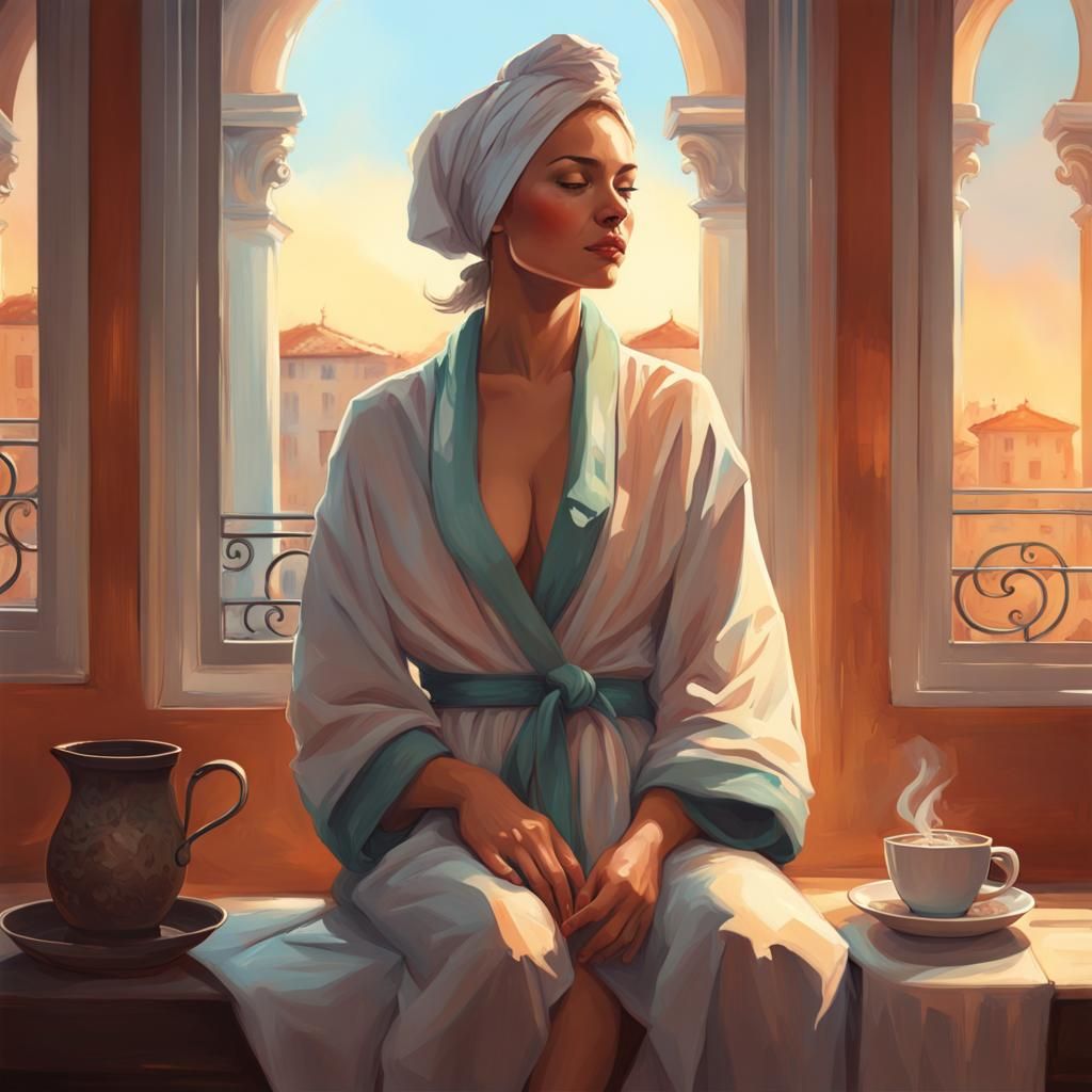 Woman with Coffee at Sunrise: Art Nouveau Portrait