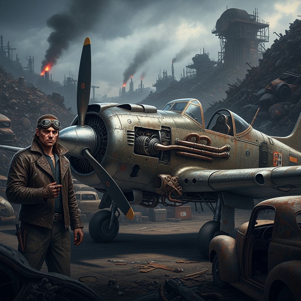 Dieselpunk Mechanic in Junkyard with Modified Plane