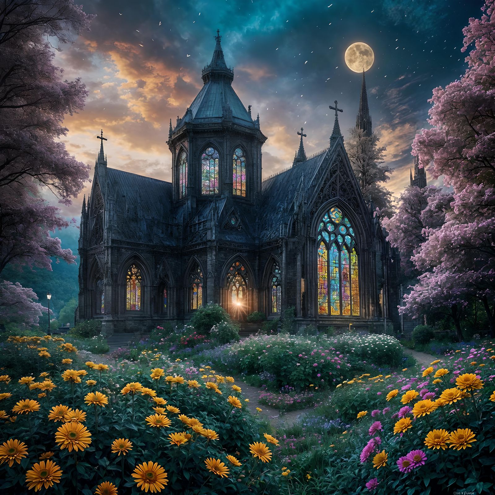 Gothic Cathedral Surrounded by Flower Garden