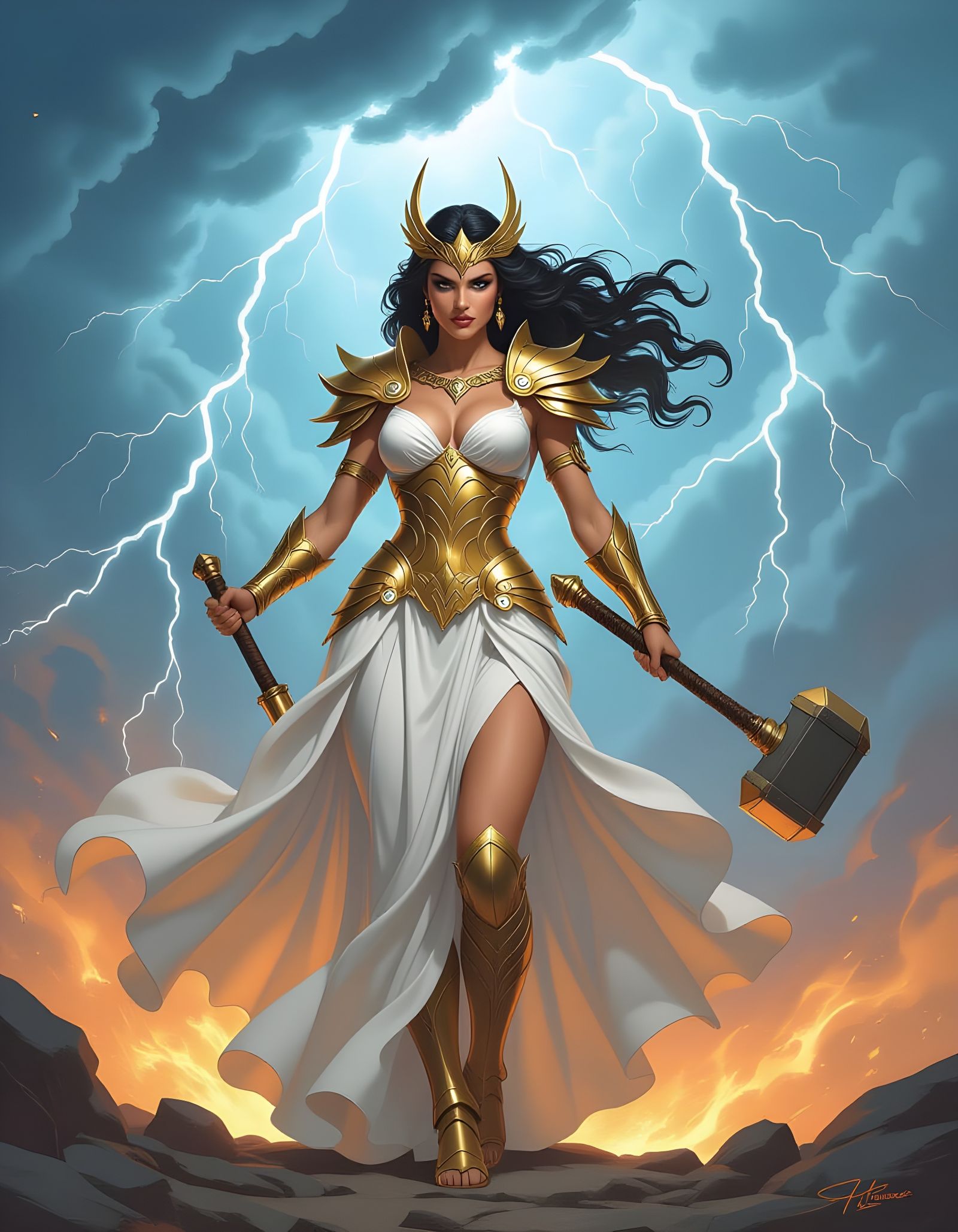 Goddess of Storms with Hammer and Tornado
