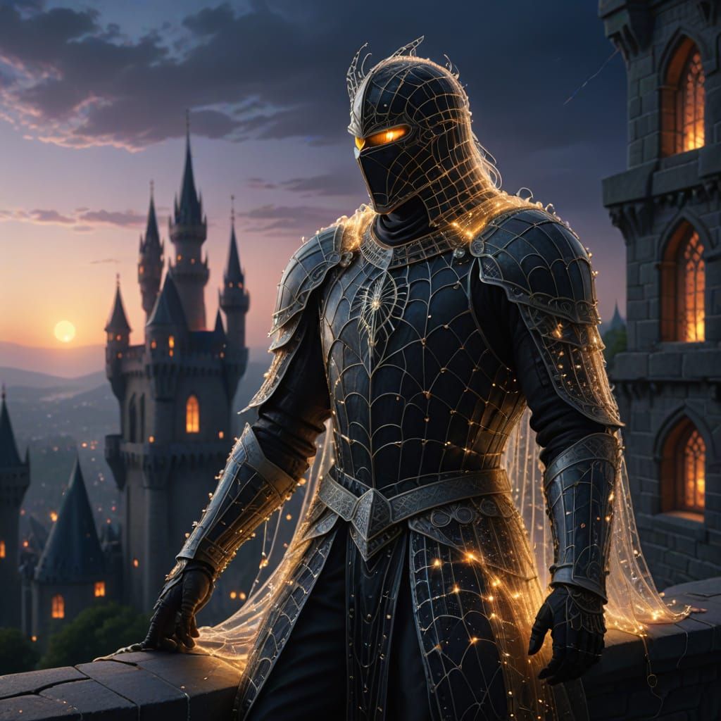 Ethereal Silk Castle Guarded by Translucent Knight at Twilig...