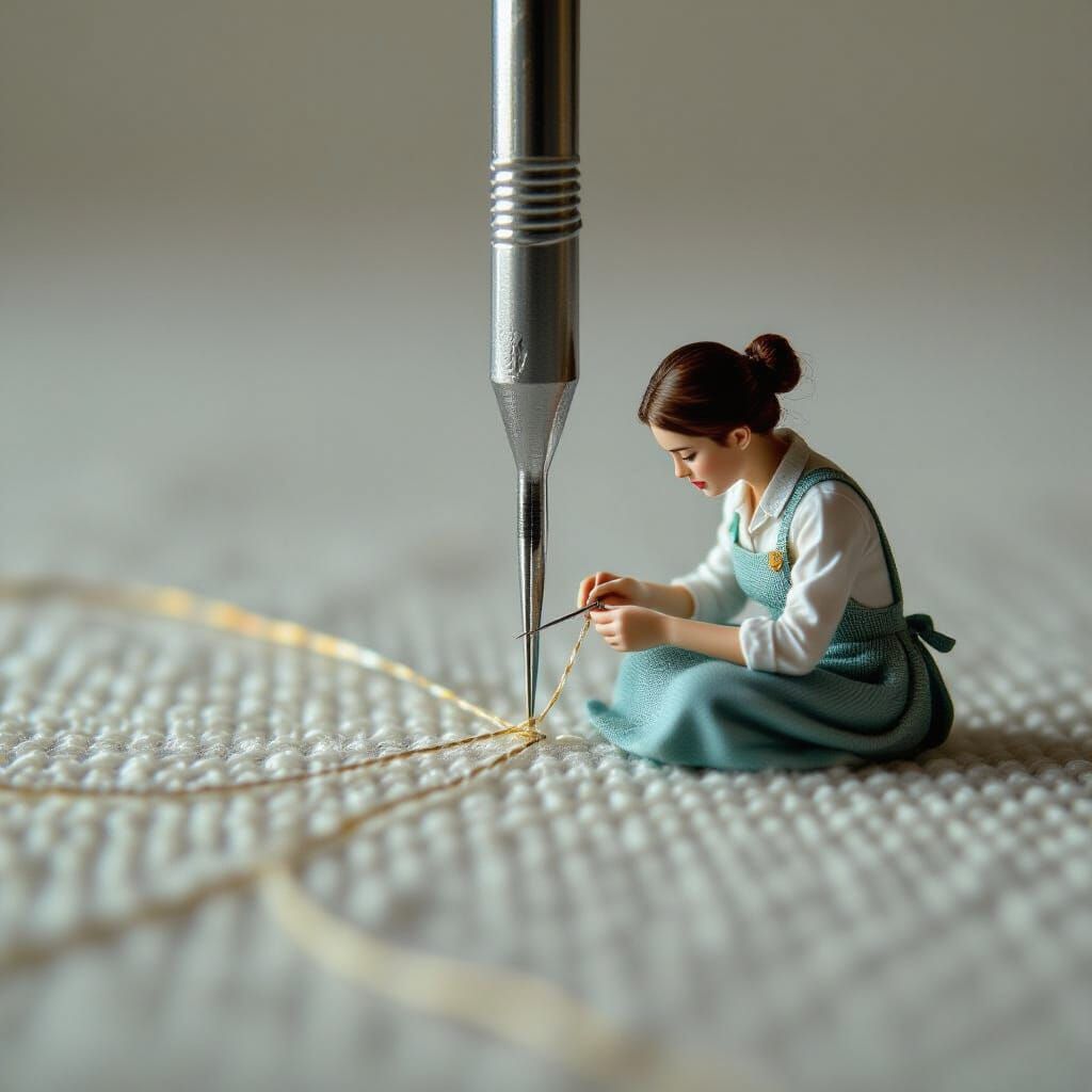 Hyperrealistic Needle & Thread with Seamstress Inside