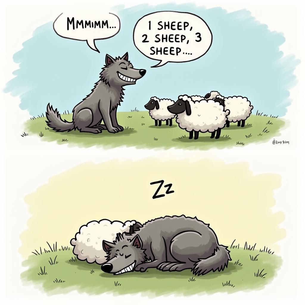 Wolf Counting Sheep Cartoon in Peaceful Meadow