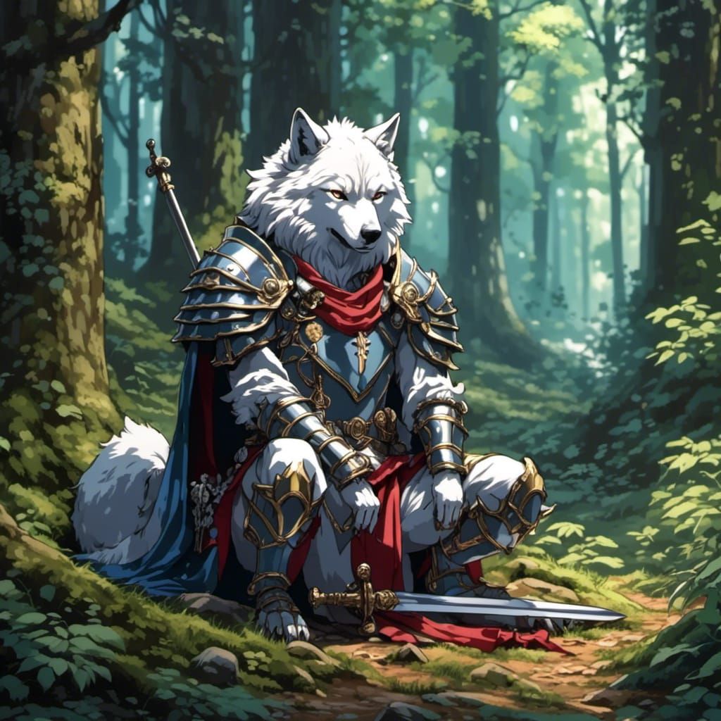 Wolf Knight Praying in Forest, Anime Style