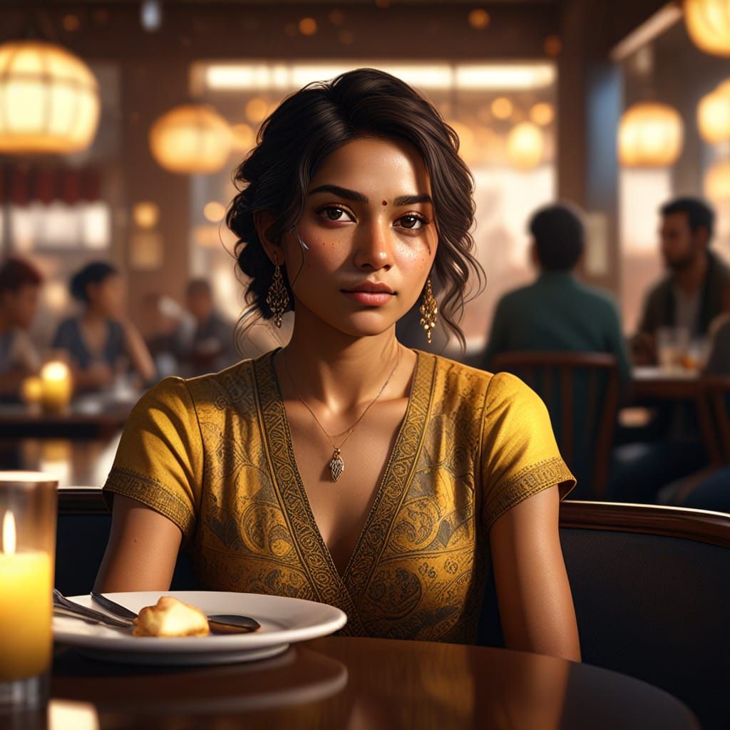 Indian Woman in Yellow Silk Attire at Opulent Restaurant