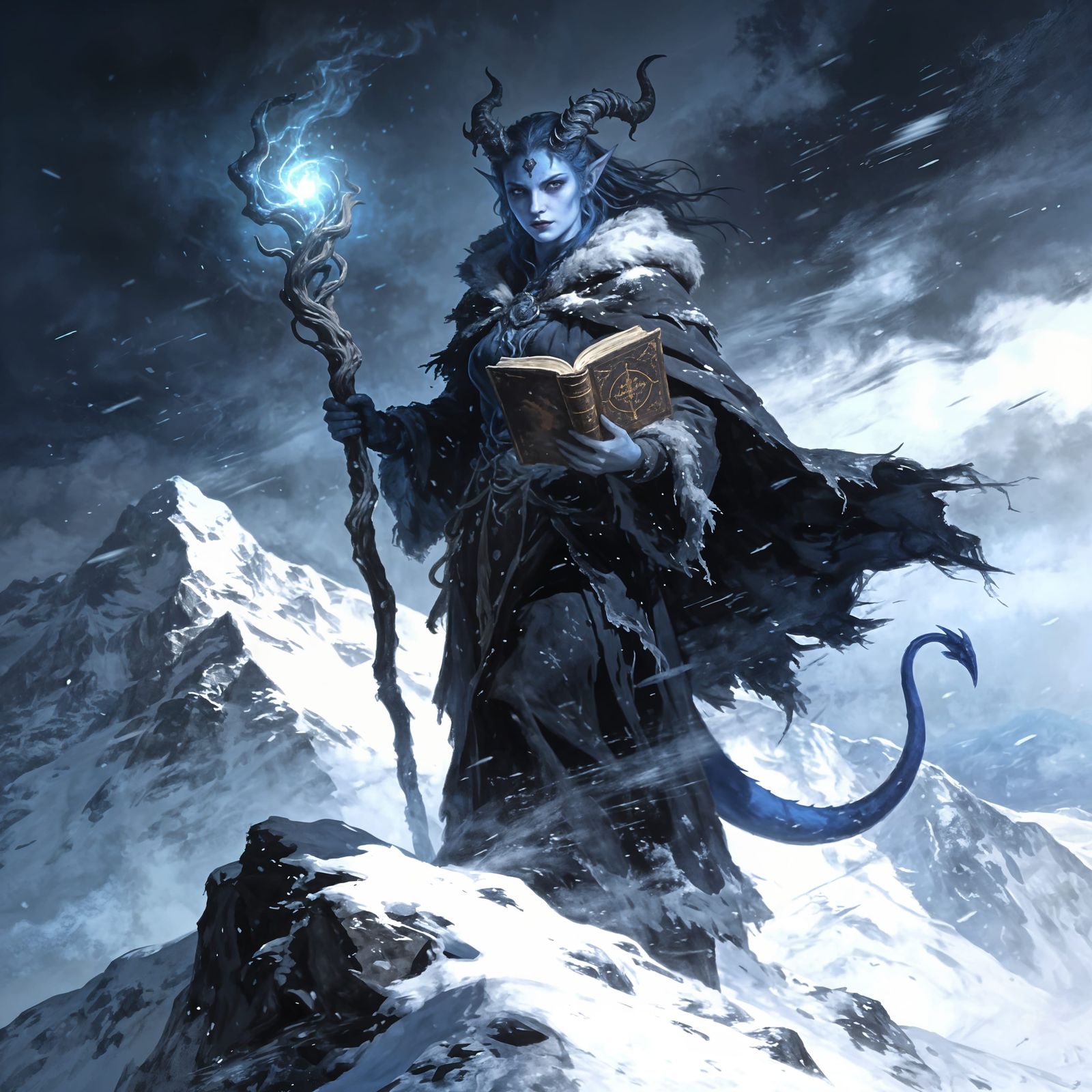 Evil Tiefling Sorceress Dominates Snowy Mountain Peak