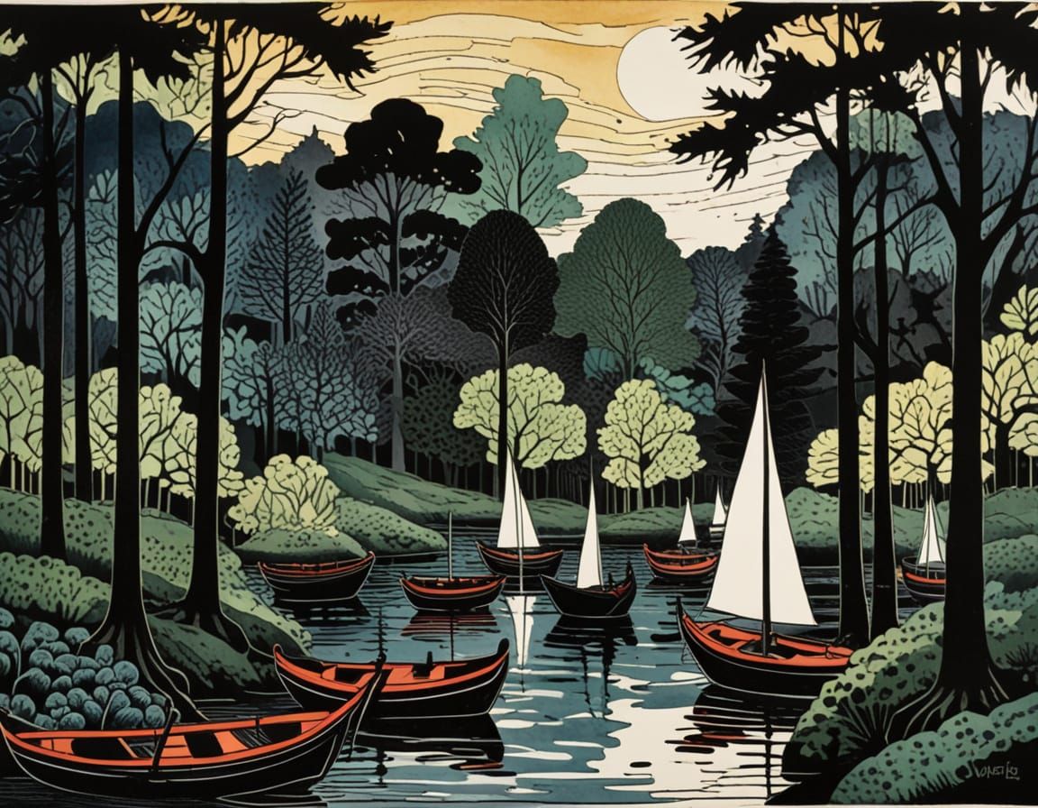 Abstract Expressionist Woodcut of Boats and Trees