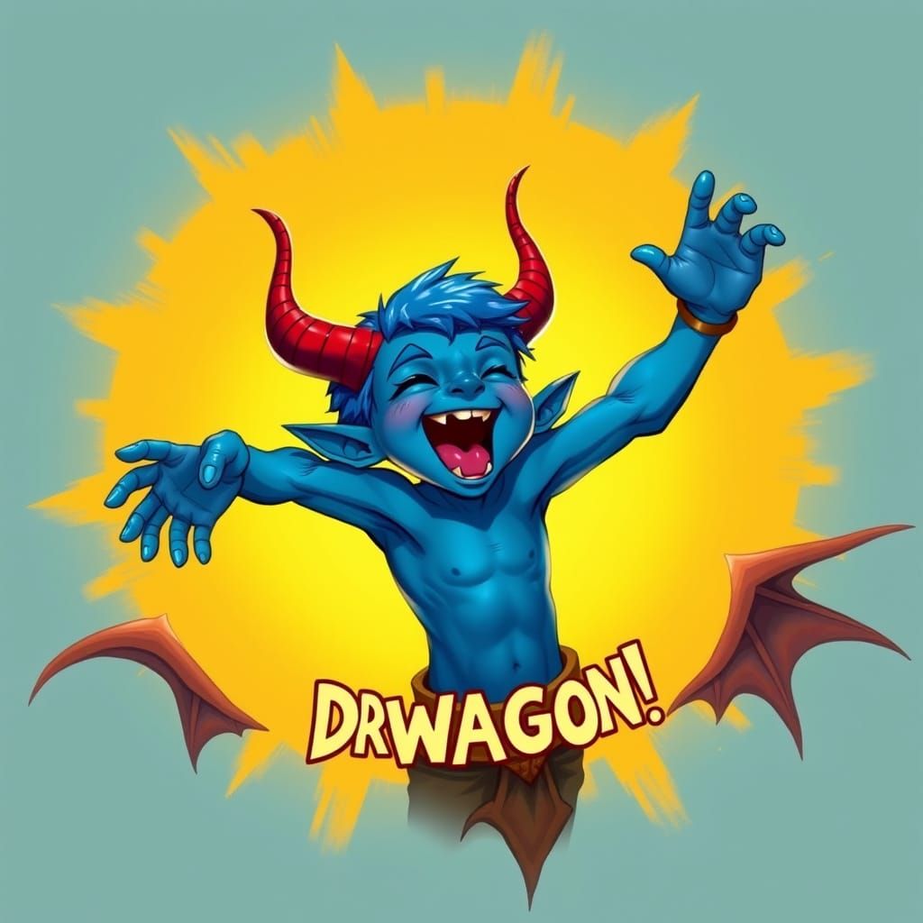 Joyful Blue Tiefling with Red Horns, Vibrant and Dynamic