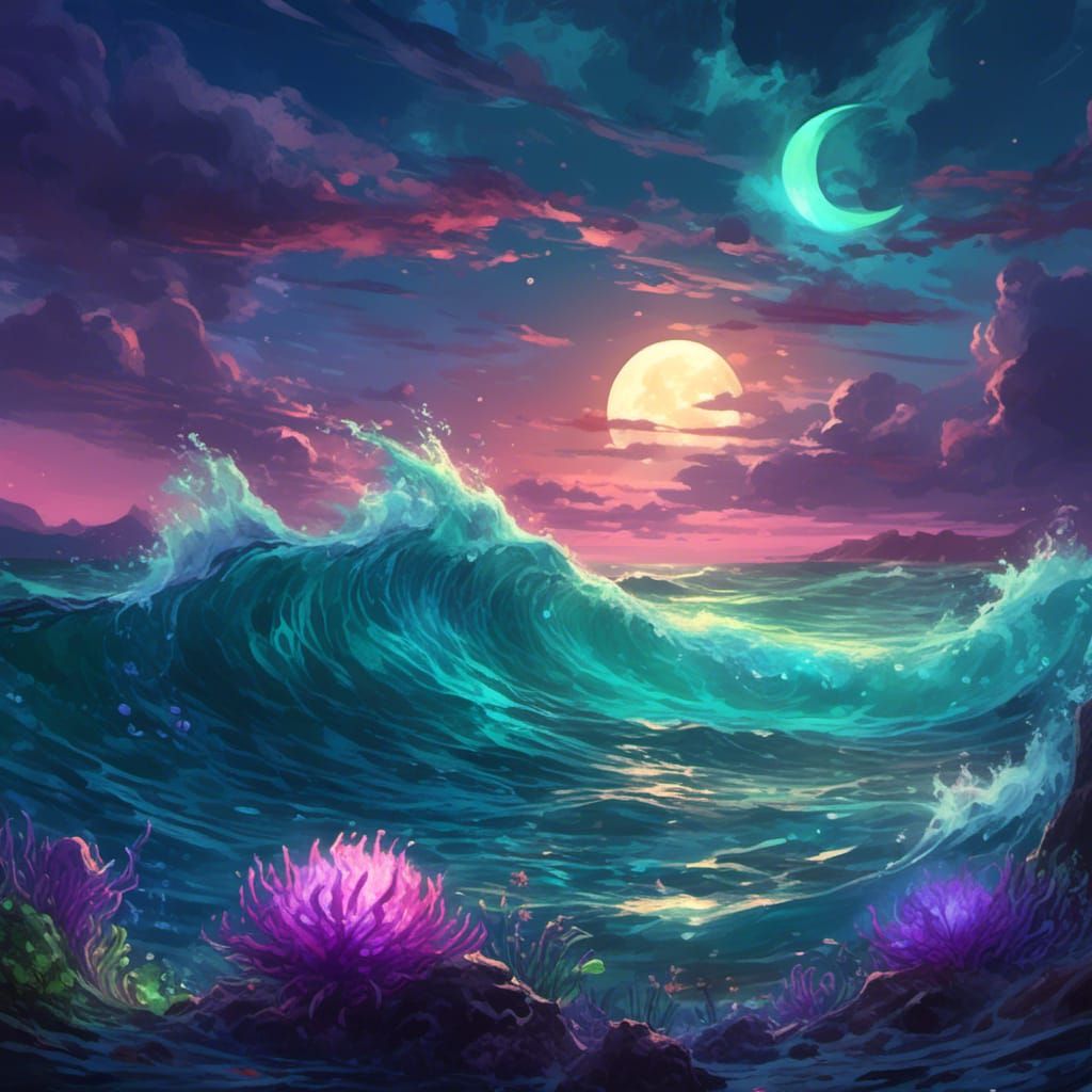 Epic Fantasy Ocean at Night, Bioluminescent Blooms and Seawe...