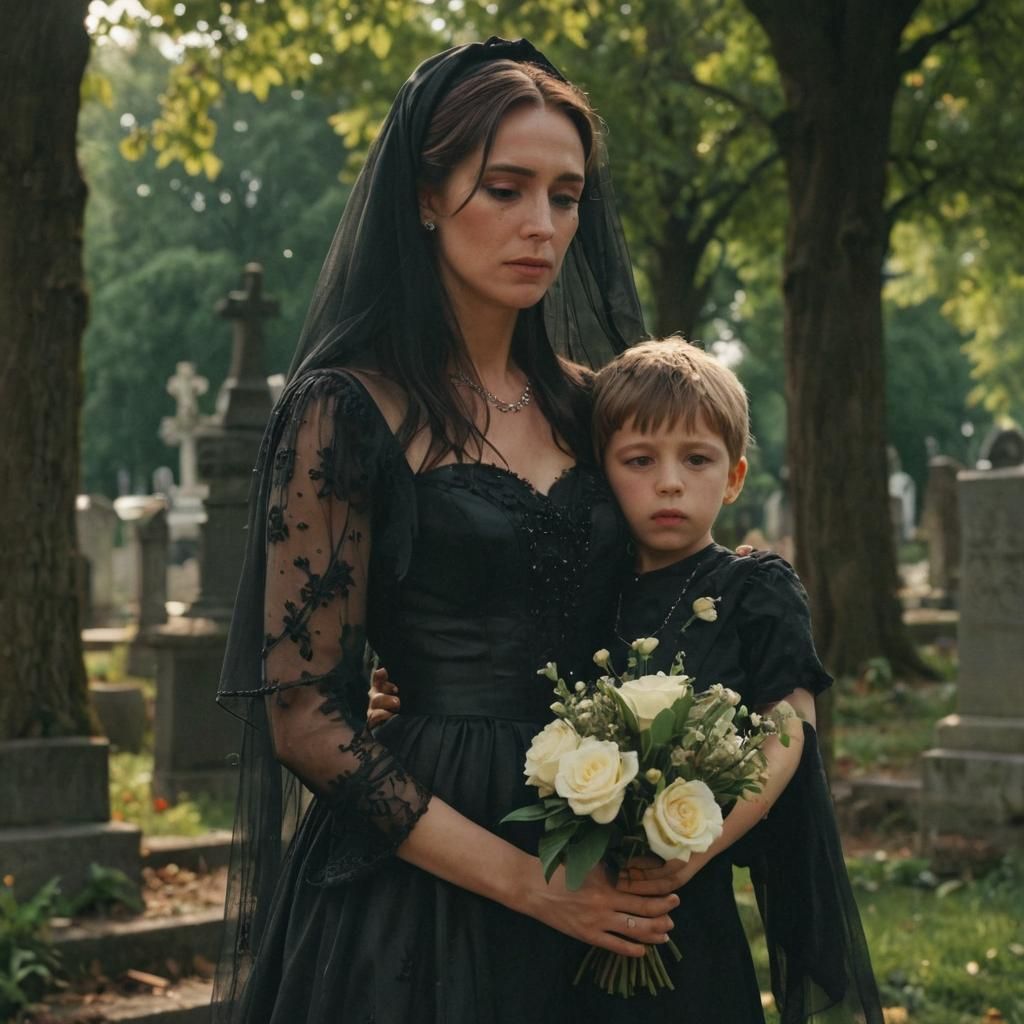 Melancholic Widow Cries with Son at Cemetery