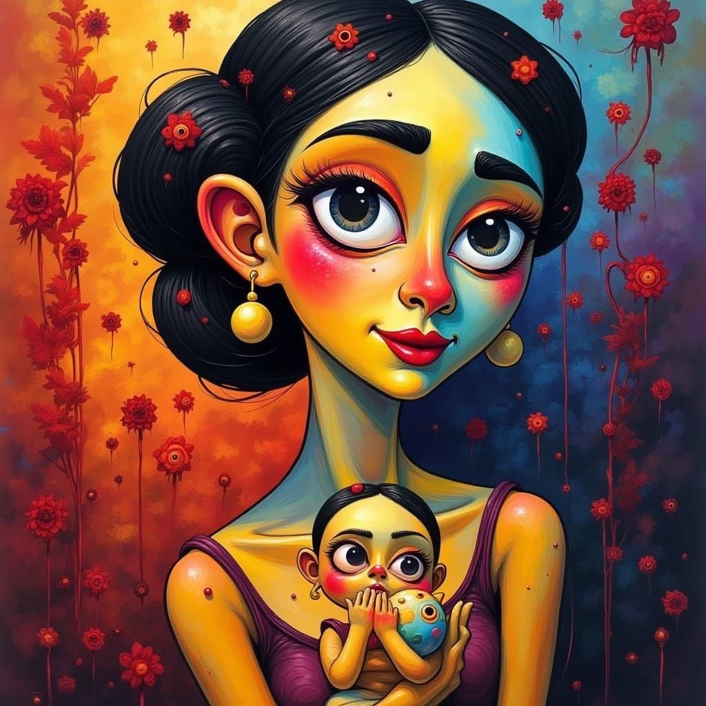 Motherly Love in Whimsical Watercolor Style