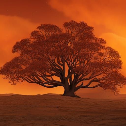Golden Tree Silhouette in Desert Sunset