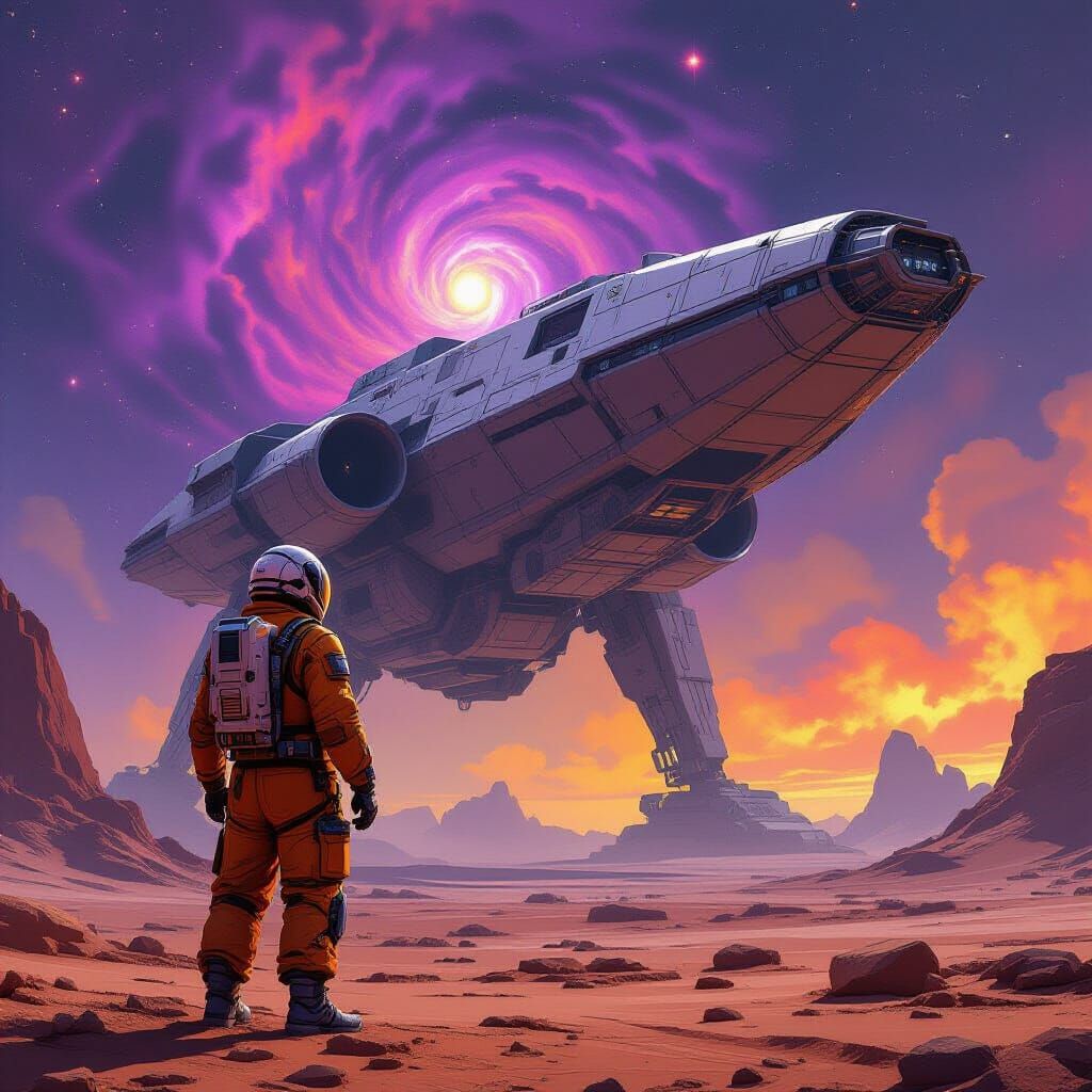 Mech Pilot and Spaceship on Alien Planet