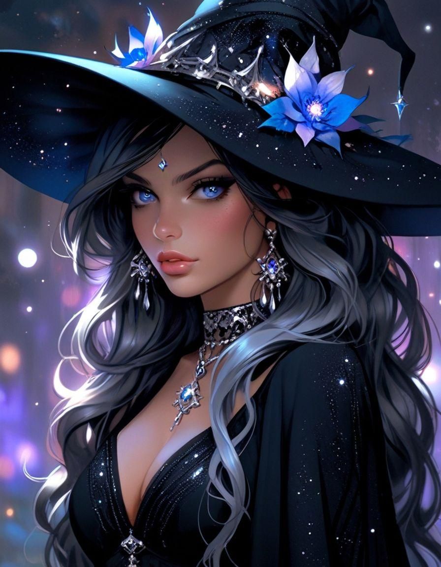 Cosmic Witch with Starlit Eyes in Maximalist Style