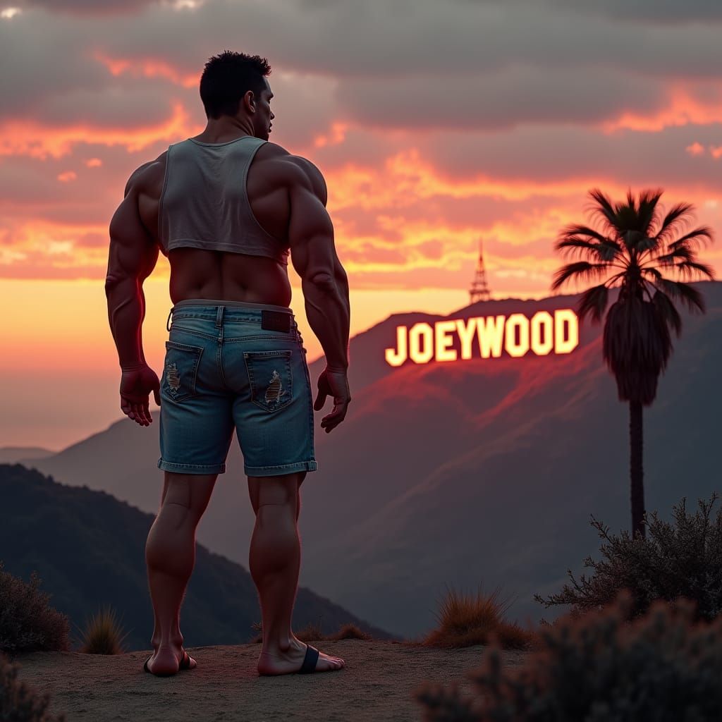 Colossal Bodybuilder Gazing at Distant Illuminated Sign
