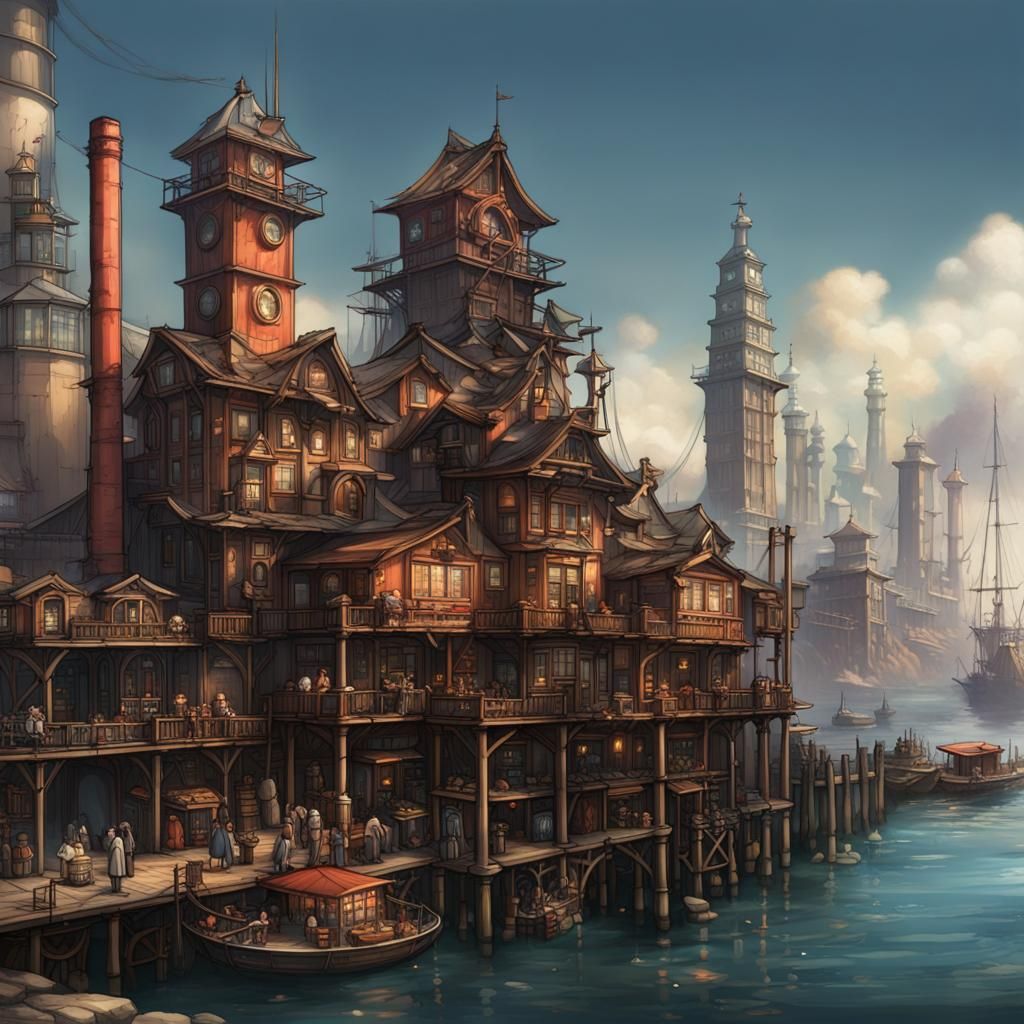 Steampunk Cityscape with Airships and Iron Architecture