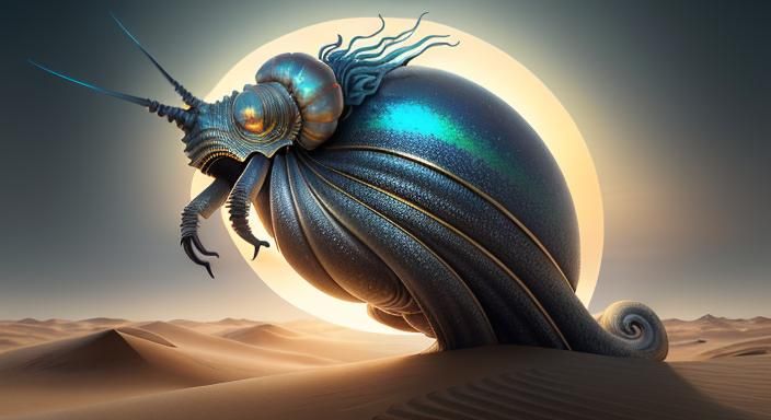 Colossal Iridescent Snail in Surreal Desert Landscape