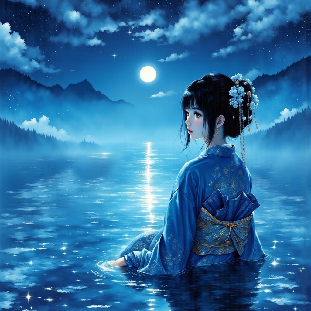 Japanese Woman by Lake at Twilight in Anime Style
