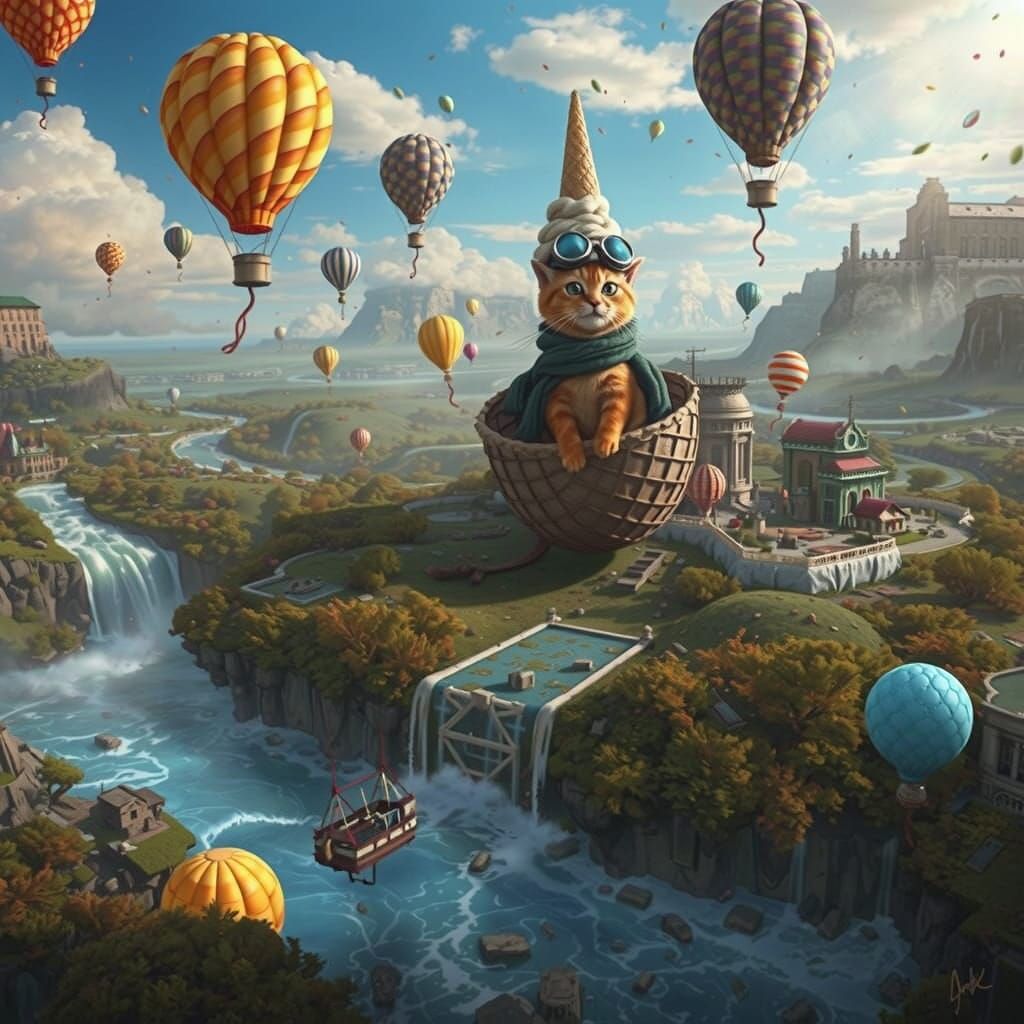 Cat Rides Ice Cream Cone in Fantasy Sky