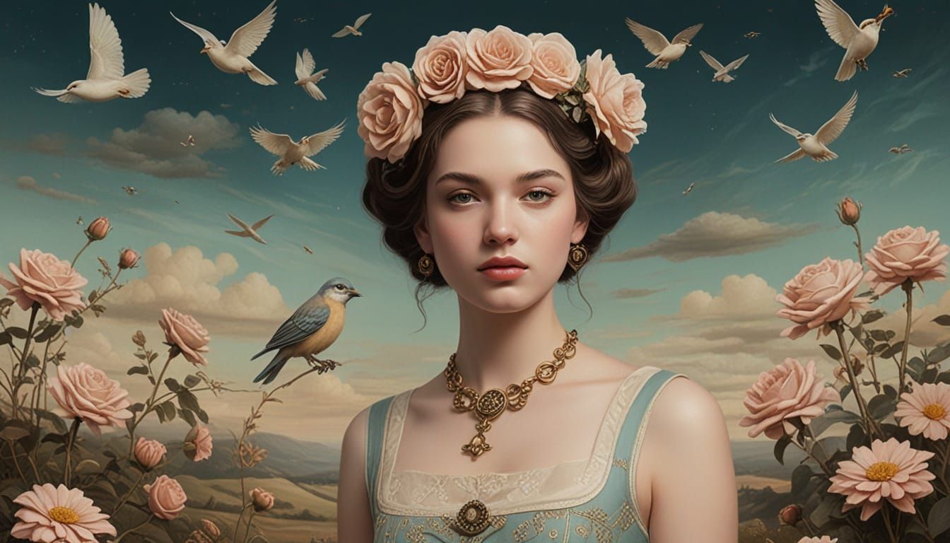 Surreal Woman With Landscape Face and Celestial Dress