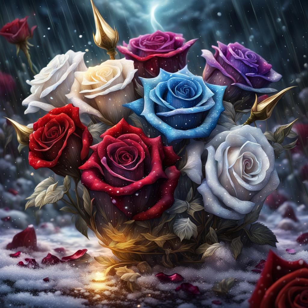 Cosmic Crystal Dissolving with Roses, Dark Fantasy Art